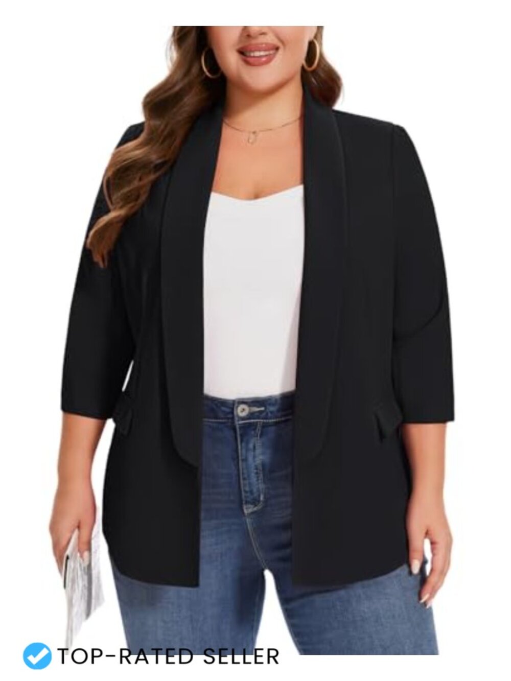 Plus Size Open Front Blazer 3/4 Sleeve Shawl Collar Business Casual